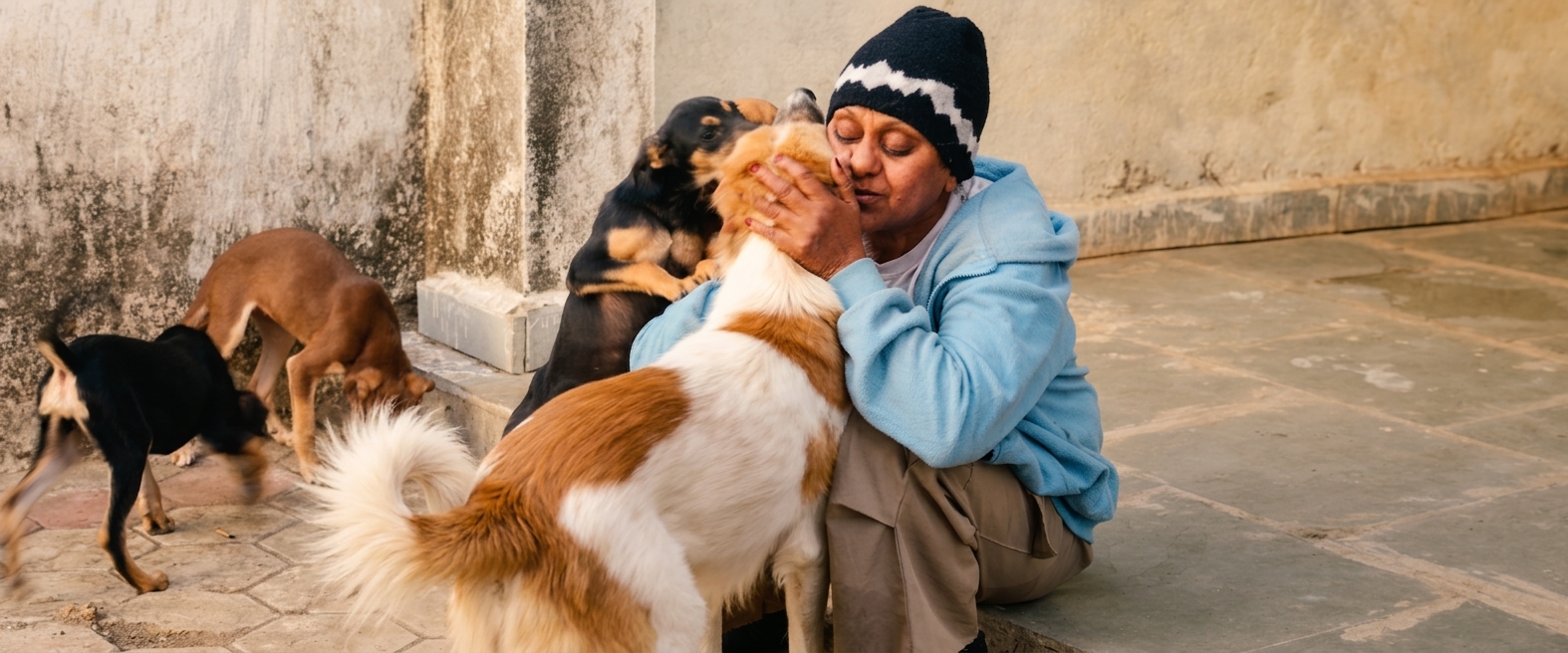 Rescued dog with caretaker at Pawsomeland sanctuary
